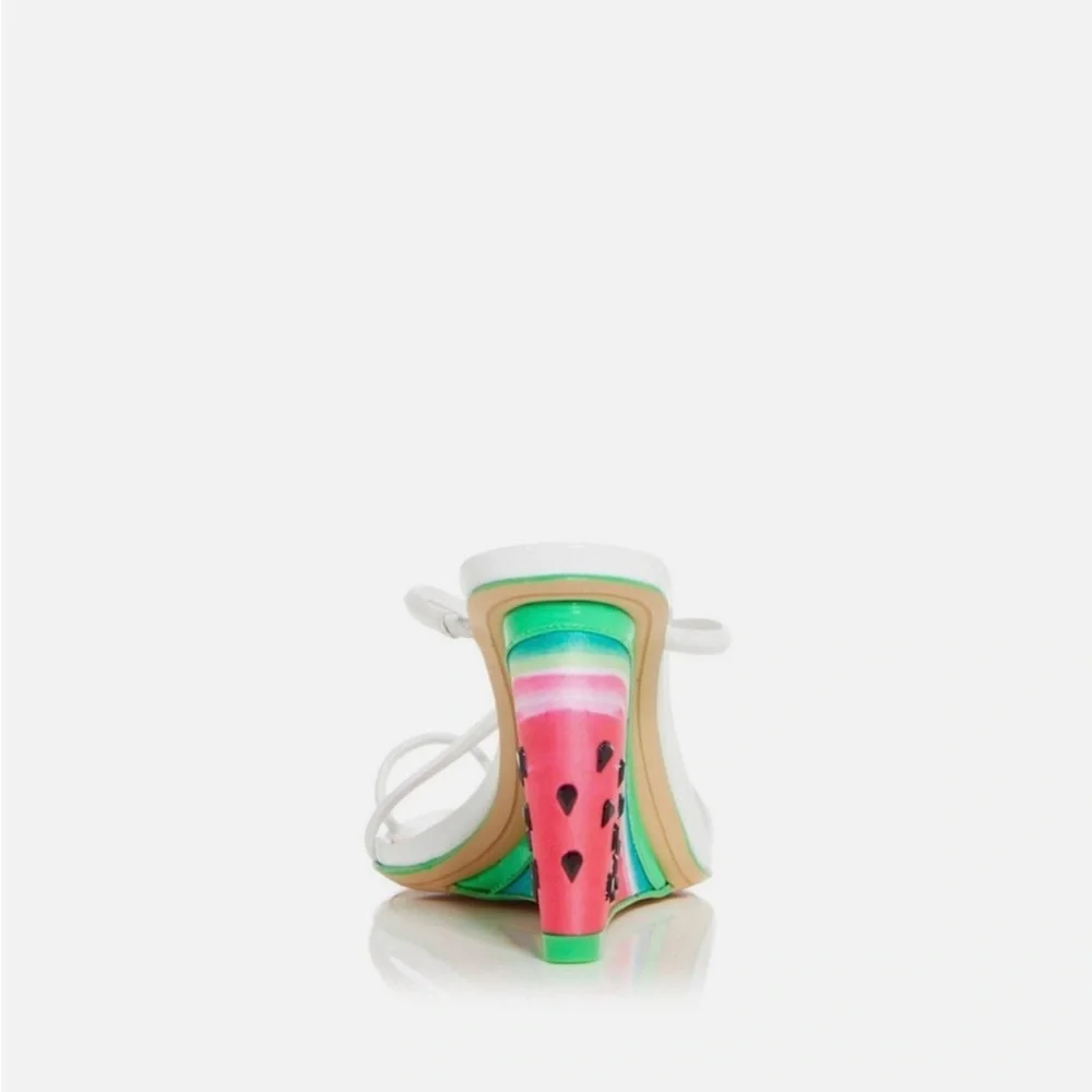 Sophia Webster White Leather Strappy Wedges with Playful Fruit-Print Heel